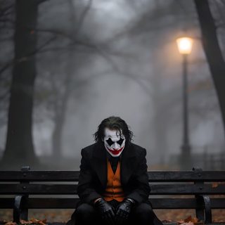 a man dressed as the joker sitting on a park bench Joker Halloween Wooden Park Bench, Joker Men, White Makeup, Black Overcoat, dark slate gray