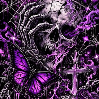 a skull with purple paint and butterflies on it's face, in front of a cross Halloween Skull Purple Custom Pretty Gothic, Halloween Themed Background, Black And Purple Design,