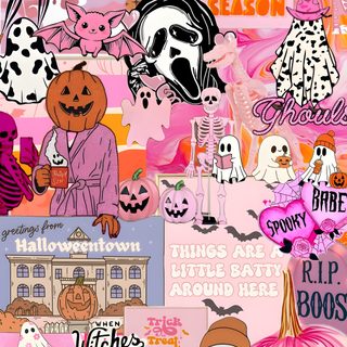 a collage of halloween stickers on pink paper Pink Halloween Collage Preppy Scary, Backgrounds Halloween, Bright Halloween,
