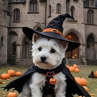 a dog dressed up as a witch in front of a castle Halloween Scottish Terrier Westie, Westie Halloween Ideas, Westie In Autumn Leaves, dim gray