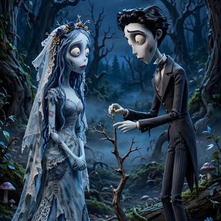 the corpse bride and groom stand in front of a full moon Halloween Corpse Bride dark slate gray