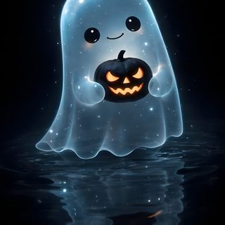a glowing ghost floating in the water with a pumpkin on it's face and eyes Halloween 4k Ghost Cute Ghost Dp, Cute Ghost, Spooky Images, Ghost Aesthetic, Hd Dark, Amoled, black
