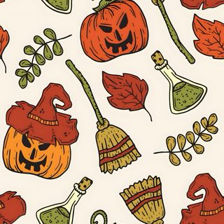 a white background with pumpkins, leaves and brooms on it's sides Kids Halloween Costume Custom Removable Halloween Autumn Small Scale, Kids Halloween, Halloween Themed For Home, beige