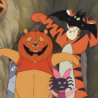 the cartoon characters are dressed up as pumpkins and jack - o'- lanterns Winnie The Pooh Halloween Desktop Winnie The Pooh Halloween Aesthetic, Disney Halloween Winnie The Pooh, Spooky Winnie The Pooh, dim gray