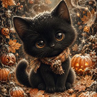 a black kitten sitting on top of a pile of pumpkins next to a forest Halloween Kittens dark olive green