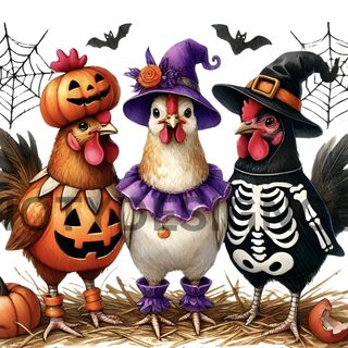 three chickens in halloween costumes standing next to each other Halloween Chicken Spooky Pumpkin, Everything Is Possible, Halloween Clipart, rosy brown