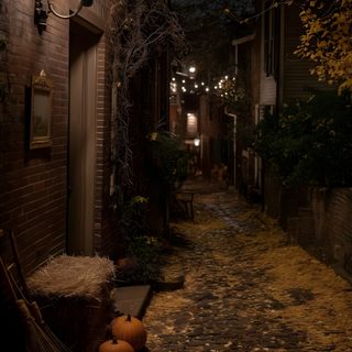 an alley at night with pumpkins on the ground Spooky Halloween Street Cozy Spooky, Dark Autumn, Autumn Village, Autumn Town, black
