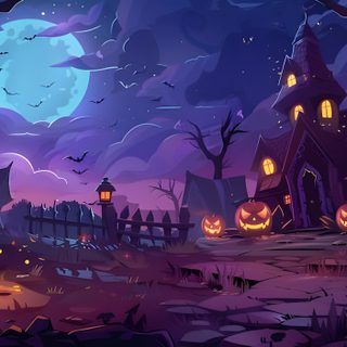 a halloween scene with pumpkins on the ground and houses in the background at night Halloween 6 Free Halloween Costumes, Halloween Borders, Halloween Graphics, Halloween Floral, dark slate gray