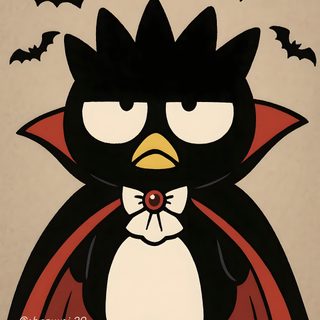an image of a cartoon penguin with bats on it's back and eyes closed Badtz Maru Halloween Hello Kitty Rooms, Hello Kitty Items, Hello Kitty, Kitty, Pink, dark khaki