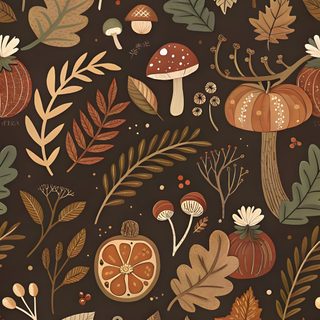 a brown background with leaves and mushrooms Halloween Botanical Autumn Home Decor Ideas, Autumn Leaves And Mushrooms Pattern, Diy Fall Craft Inspiration, dark slate gray