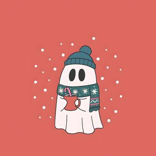 a snowman with an apple in his hand Cute Halloween Christmas Winter Ghost Background, Cute Spooky Christmas, Winter Ghost, indian red