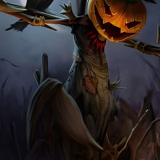 a scarecrow with pumpkins on his head and two crows perched on it's back Halloween Desktop 2560x1440 Mythical Scarecrow Fantasy Art, Pictures Of Scary Scarecrows, Images Of Scary Scarecrows, black