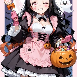 a woman dressed as a witch holding a pumpkin Nezuko Kamado Halloween Anime Kimono, Good Anime Series, Demon Girl, Original Artists, Arte Anime, rosy brown