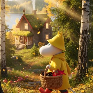 a cartoon bear carrying a basket full of mushrooms in the woods next to a house Moomin Halloween Cute Moomin, Moomin, Life Art, Finland, sienna