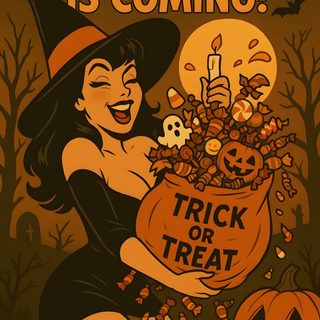 a woman holding a trick or treat bag in front of a pumpkin with the words spooky time is coming Halloween Pin Up Beautiful Witch, Halloween 2, Halloween 1, Fantasy Posters, Holiday, saddle brown