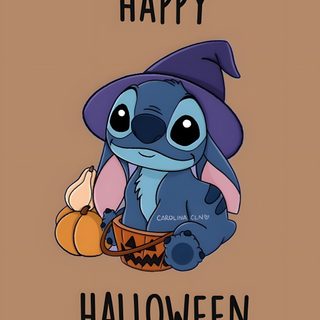 a cartoon character sitting on top of a brown background with the words happy halloween written in black Aesthetic Halloween Stitch Toothless And Stitch, Cameron Boyce Descendants, Lilo And Stitch Merchandise, rosy brown