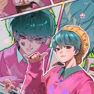 an anime character with blue hair and green eyes holding a piece of food in his hand Baby Saja Halloween Baby Saja Wall Paper, Baby Saja, K-pop Demon Hunters Ipad Baby Saja, rosy brown