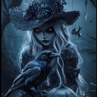 a woman in a witches costume holding a pumpkin and a crow on her lap with the moon behind her Gothic Halloween Witch Witch Pictures, Fantasy Demon, Halloween Entertaining, Fairy Pictures, dark slate gray