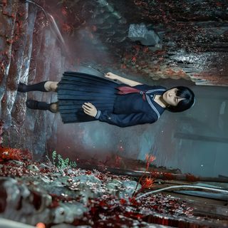 a woman standing in the middle of a room filled with blood Halloween Hill Battle Royale, Silent Hill F, Horror Game, Hinako Silent Hill F Gif, dark slate gray