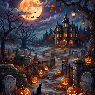 a halloween scene with pumpkins and cemetery Halloween Village Ideas Halloween City Background, Halloween Town Background, Halloweentown Backgrounds, dark slate gray