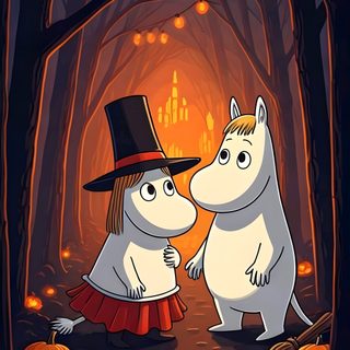 two cartoon characters dressed in halloween costumes Moomin Halloween Moomins Cartoon, Moomin Friends, Moomin And Little My, Little My, dark slate gray