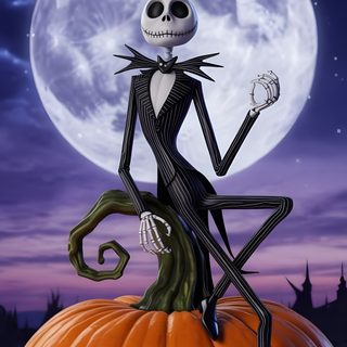 a skeleton sitting on top of a pumpkin with the moon in the sky behind it Happy Halloween Jack Skellington Jack Skeleton, Jack And Sally, Nightmare Before, Tim Burton, dim gray