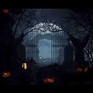 an image of halloween scene with pumpkins on the ground in front of a gate Engine Halloween Halloween Live Pc, Halloween Gif 1920x1080, Halloween Gif Pc, black