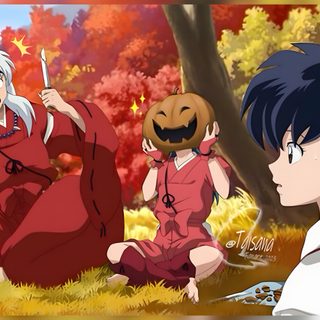 two anime characters sitting in the grass with pumpkins Inuyasha Halloween Inuyasha Witch, Inuyasha Tree, Inuyasha Pc, Inuyasha Laptop, Inuyasha Halloween, sienna