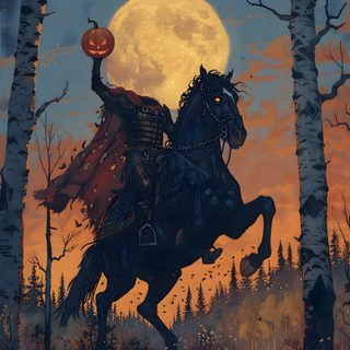 a painting of a man riding on the back of a horse in front of a full moon Halloween Headless Horseman The Sleepy Hollow, Halloween Artwork Illustration, Sleepy Hollow Art, dark slate gray