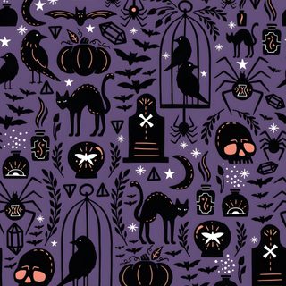 a purple and black pattern with cats, birds, and other things on it's surface Purple Halloween Pattern Halloween Cat For Phone, Purple Halloween Pattern, Gothic Halloween Pattern, dim gray