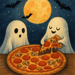 a painting of two ghost eating pizza in front of a full moon Halloween Pizza Cartoon Draw Halloween Art, Drawing Halloween, Halloween Draw, Drawing Halloween Art, sienna
