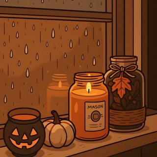 a window sill with candles and pumpkins on it Halloween Candle Cute And Cozy Backgrounds, Fall Theme Illustration, Cute Fall Aesthetic, saddle brown