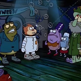 several cartoon characters standing in front of a happy halloween sign Funny Halloween Computer Spongebob Halloween Aesthetic, Spongebob Scaredy Pants, Squidward Halloween Episode, dark slate gray