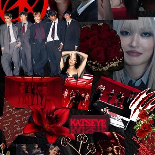 the collage has many different pictures and words on it, including an image of a woman Katseye Halloween Animals, black