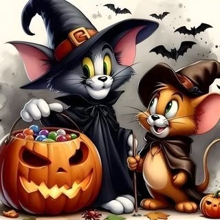 two cats dressed up as witches and one is holding a candy bowl in front of a pumpkin Tom And Jerry Halloween Images Of Cartoon Halloween Characters, Halloween Disney Cartoon Characters, Tom And Jerry Halloween Drawing, dim gray