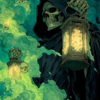 a drawing of a skeleton holding a lantern in front of some skulls on the ground Dnd Halloween Undead Background, Green Skull, Creepy Art, Green Scary, Grim Reaper Aesthetic, dark slate gray