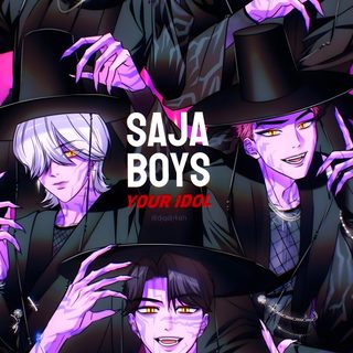the poster for saja boys'album, featuring two men in black hats and one wearing Saja Boys Halloween Kpop Demon Hunters X Saja Boys, K-pop Demon Hunters Saja Boys, Baby Saja Saja Boys Demon Hunters, dark slate gray