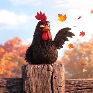 a chicken sitting on top of a wooden fence with autumn leaves falling from the sky Halloween Chicken Chicken, rosy brown