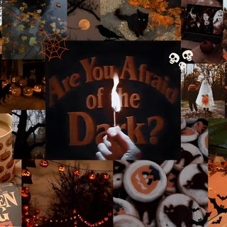 a collage of halloween themed items including books, candles, and pumpkins in the woods Cute Aesthetic Halloween For Computer Halloween Laptop Aesthetic, Fall Halloween Desktop, Halloween Mac, dark olive green