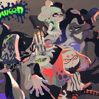 an image of some cartoon characters in front of a sign that says halloween on it Splatoon Halloween Splatoween Official Art, Splatoon 2 Official Art, Splatoon Promo Art, dark slate gray