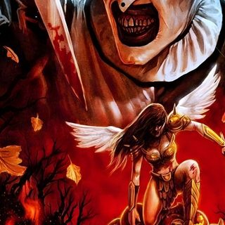 a movie poster for the horror film, tetrifier 2 with an evil clown holding Halloween Terrifier Terrifier 2 Official Poster, Terrifier Deviantart, Poster Terrifier, maroon