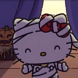 an animated hello kitty standing in front of a curtain with pumpkins on the other side Halloween Hello Kitty Laptop Hello Kitty Halloween Ipad, Fall Hello Kitty Laptop, Halloween Hello Kitty Laptop, dark slate gray