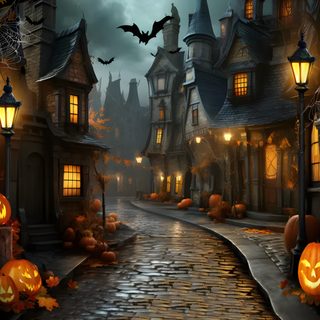 an image of a halloween scene with pumpkins on the street and houses in the background Halloween Village Ideas Haunted Village, Haunted Village Background Images, Halloween Ambience, dark slate gray
