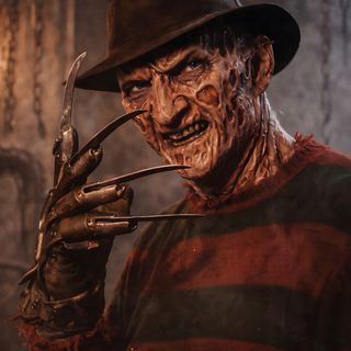 a man in a striped shirt and hat holding a knife to his face with blood on it Halloween Freddy Kruger Freddy Kriger, Cartoon Scary Characters, Horror Movie Bad Guys, black