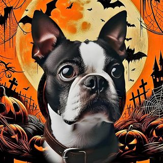 a black and white dog wearing a collar in front of a full moon with bats Halloween Boston Terrier Boston Terrier Halloween Drawing, Boston Terrier Halloween Clipart, Halloween Boston Terrier, saddle brown
