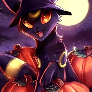 a cat dressed as a witch sitting on top of pumpkins in front of a full moon Halloween Umbreon Umbreon Pics, Umbreon Pictures, Umbreon Christmas, Halloween Umbreon, saddle brown