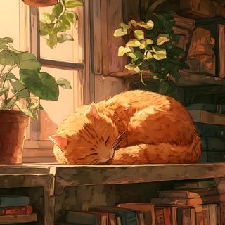 an orange cat sleeping on top of a bookshelf next to potted plants Orange Cat Halloween Cat On A Bookshelf, Orange Cat Art, Ginger Cat Illustration, Orange Cat, saddle brown