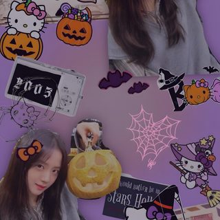 a collage of photos with hello kitty and other halloween related items in the background Halloween Blackpink K Pop Halloween, Black Pink Halloween, Halloween Blackpink, dim gray