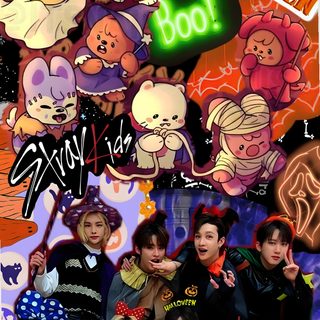 the group is posing for a photo in front of halloween decorations Skz Halloween Halloween Backgrounds, Halloween Boo, Halloween, Kids, Halloween Kids, saddle brown
