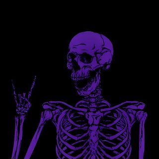 a skeleton holding up two fingers in front of a black background with purple glow on it Halloween Skeleton Hand Purple Purple Skeleton Background, Purple Skeleton Aesthetic, Black And Purple Skeleton Art,